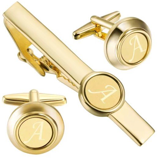 HAWSON 2 inch Personalised Initials Tie Clip and Cufflinks Set,Gold colour metal initials French shirt cufflinks gift Jewellery