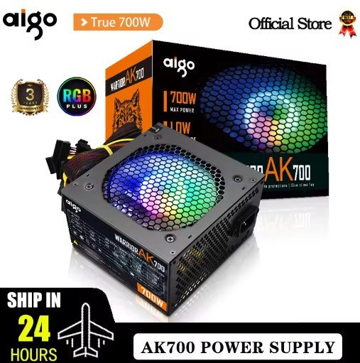 Aigo AK 700W PC PSU Power Supply Unit Black Gaming Quiet 120mm RGB Fan 24pin 12V ATX Desktop Computer Power Supply for BTC